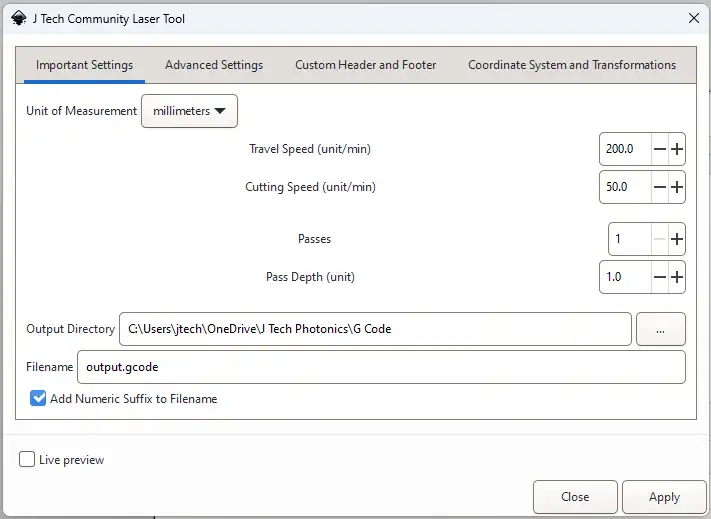 Inkscape Laser Plugin Important Settings