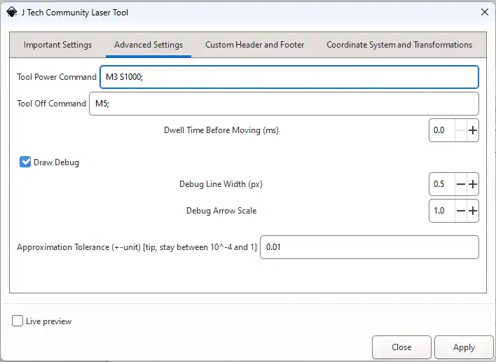 Inkscape Laser Plugin Advanced Settings