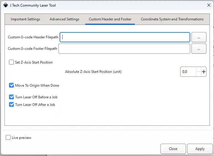 Inkscape Laser Plugin Header and Footer Settings